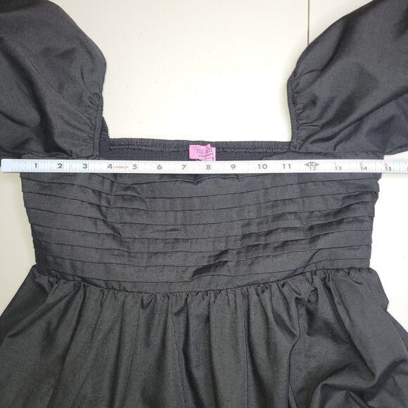 Mi Ami l Mini Dress Size Small Smocked Pleated Square Neck Puff Sleeves LBD - Picture 9 of 12